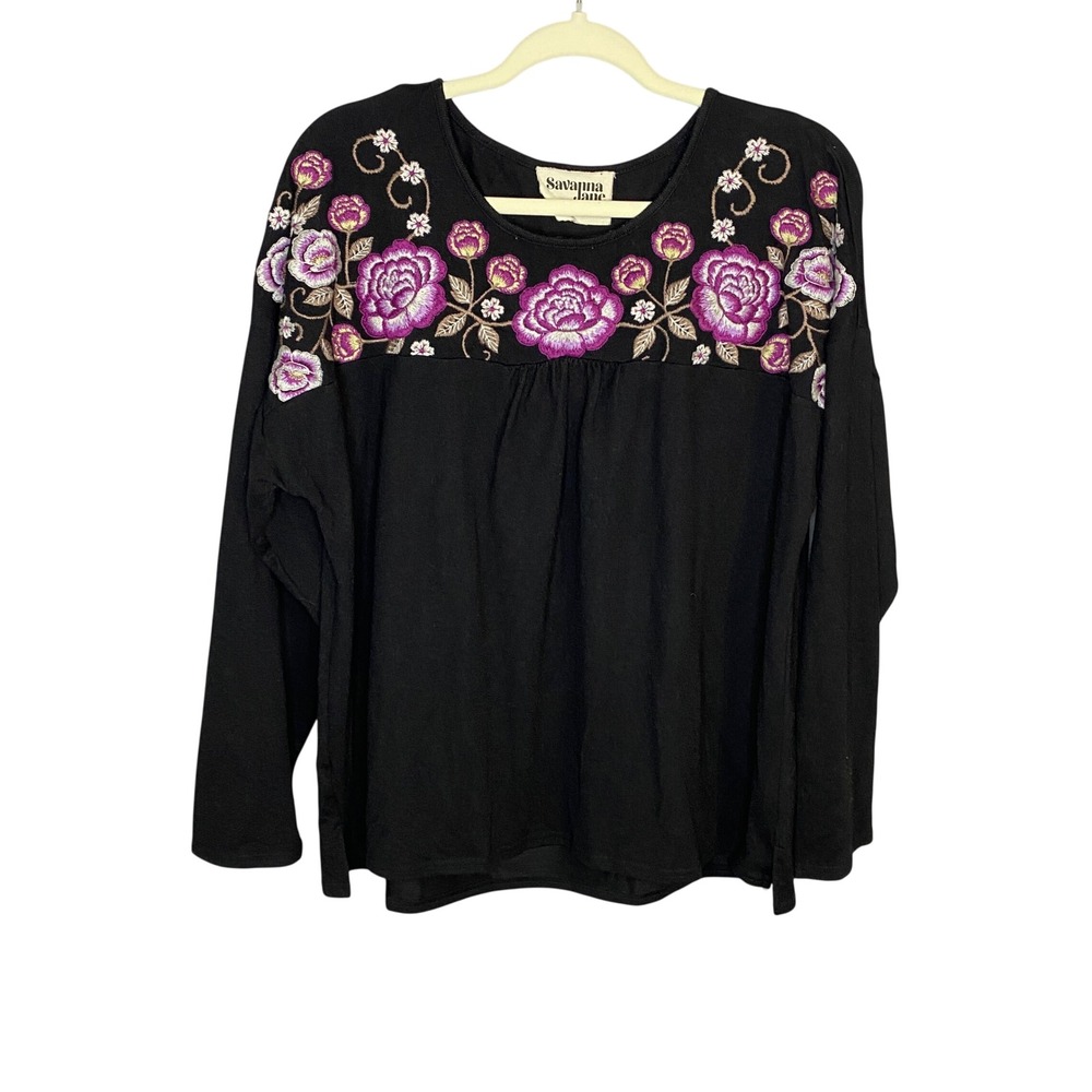 Savanna Jane Black Floral Embroidered Long Sleeve Knit Top Scoop Neck Relaxed L